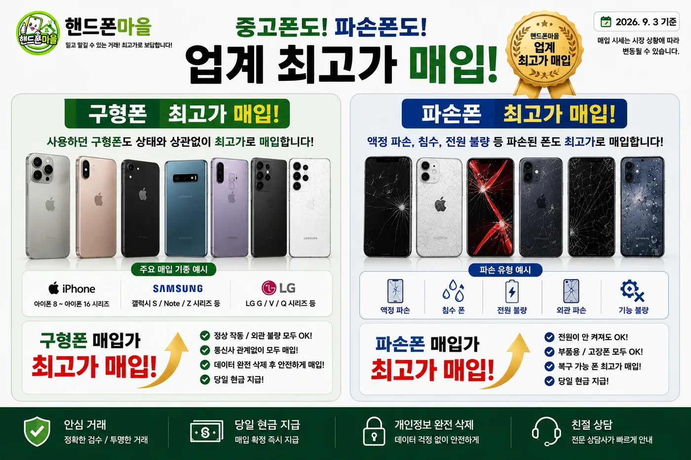 구형폰과 파손폰 매입 안내. 액정 파손, 침수, 전원 불량 등 파손된 폰도 매입.